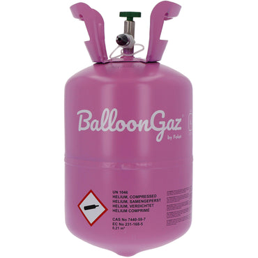 Pink 'BalloonGaz' helium tank on a white background