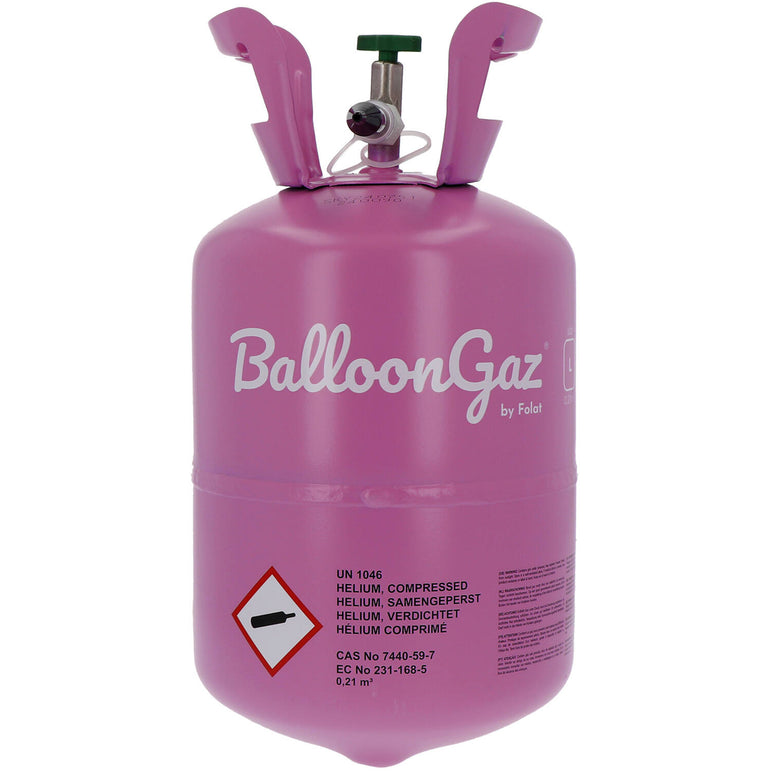 Pink 'BalloonGaz' helium tank on a white background