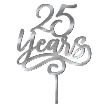 25 Years Cake Topper Mirrored Plastic Silver 6in
