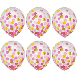 Pink & Gold Latex Balloons With Confetti 12in, 6pcs