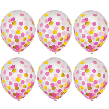 Pink & Gold Latex Balloons With Confetti 12in, 6pcs