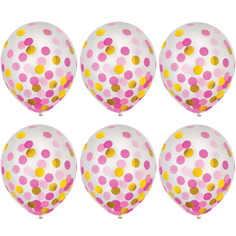 Pink & Gold Latex Balloons With Confetti 12in, 6pcs