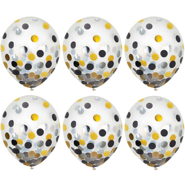 Black, Silver, Gold Latex Balloons With Confetti 12in, 6pcs