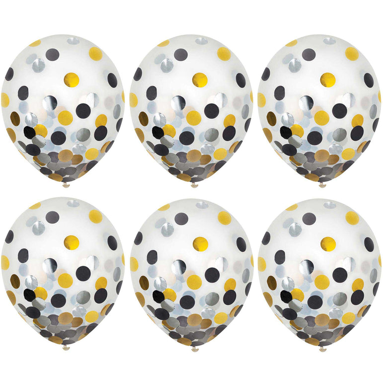 Black, Silver, Gold Latex Balloons With Confetti 12in, 6pcs