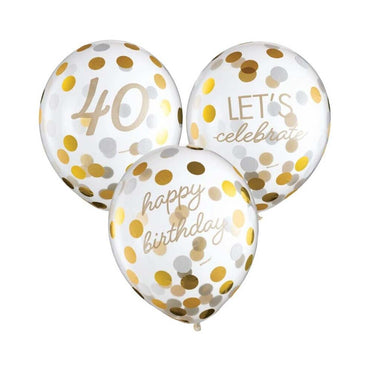 40th Golden Age Birthday Clear Latex Confetti Balloons 6pcs