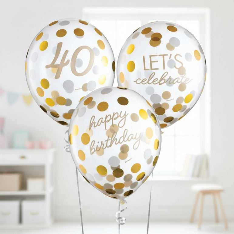 40th Golden Age Birthday Clear Latex Confetti Balloons 6pcs