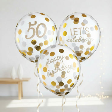 50th Golden Age Birthday Clear Latex Confetti Balloons