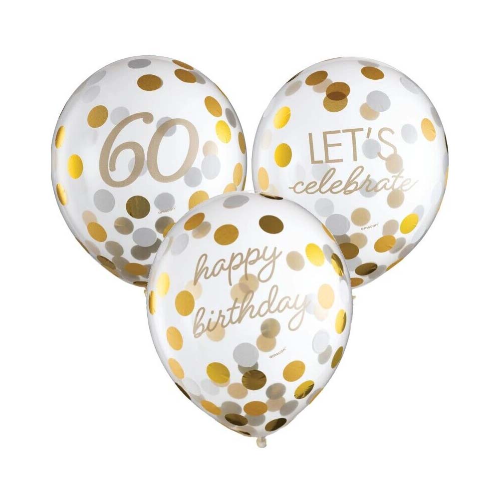 60th Golden Age Birthday Clear Latex Confetti Balloons