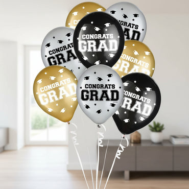Graduation Black Silver and Gold Latex Balloons 12in 72pcs