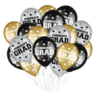 Graduation Black Silver and Gold Latex Balloons 12in 72pcs