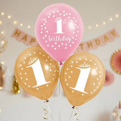 Gold First Birthday Girl Latex Balloons 12in, 15pcs