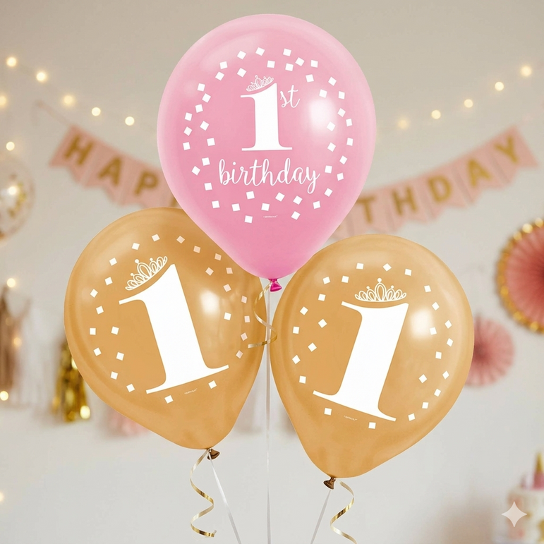 Gold First Birthday Girl Latex Balloons 12in, 15pcs