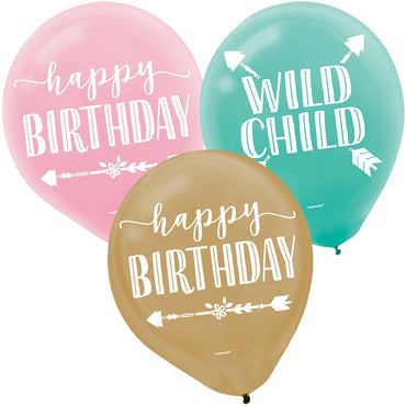 Boho Birthday Girl Assorted Latex Balloons 12in, 15pcs