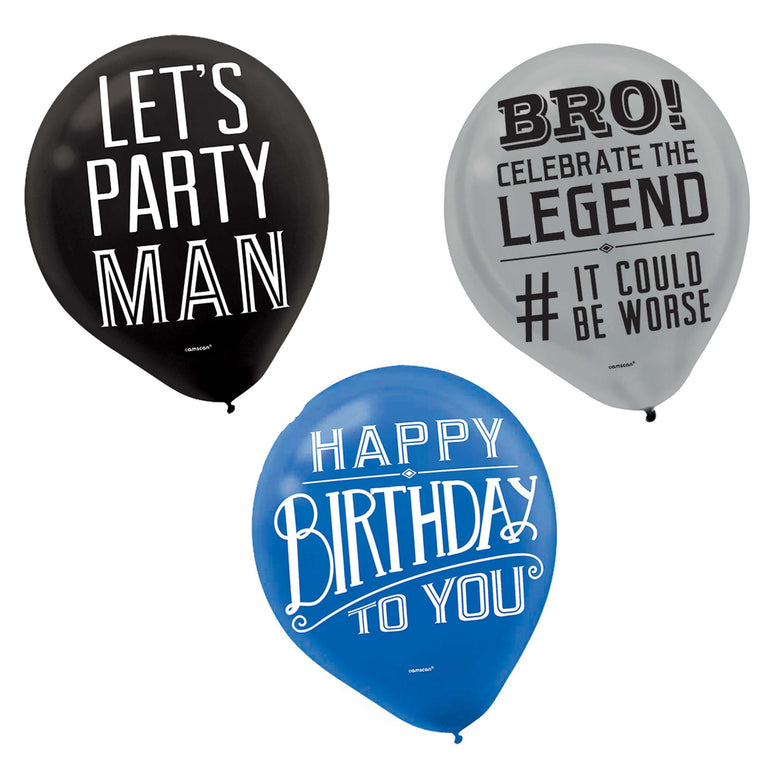 Happy Birthday Man Assorted Latex Balloons 12in 15pcs