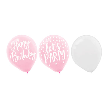 Blush Birthday Printed Latex Balloon 12in, 15pcs