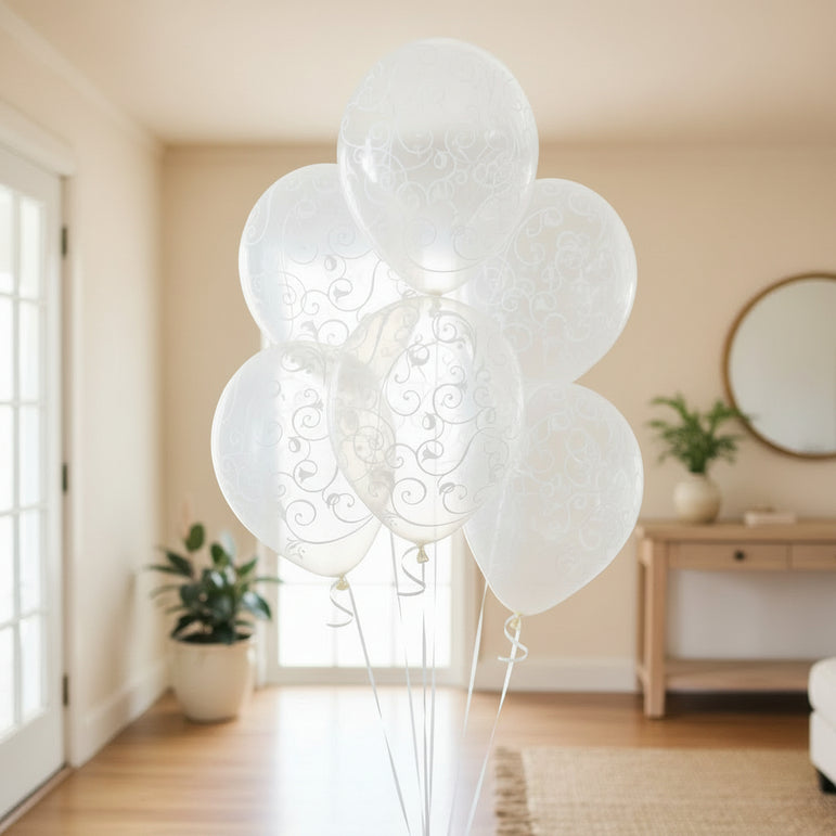Clear With WhitedScroll Latex Balloons 12in, 6pcs