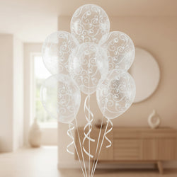 Clear With WhitedScroll Latex Balloons 12in, 6pcs