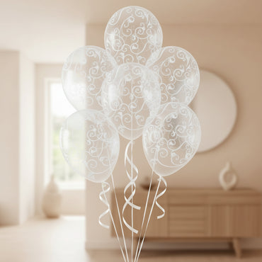 Clear With WhitedScroll Latex Balloons 12in, 6pcs