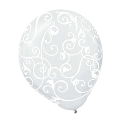 Clear With WhitedScroll Latex Balloons 12in, 6pcs