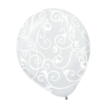 Clear With WhitedScroll Latex Balloons 12in, 6pcs