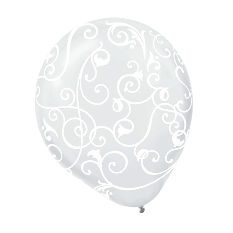 Clear With WhitedScroll Latex Balloons 12in, 6pcs