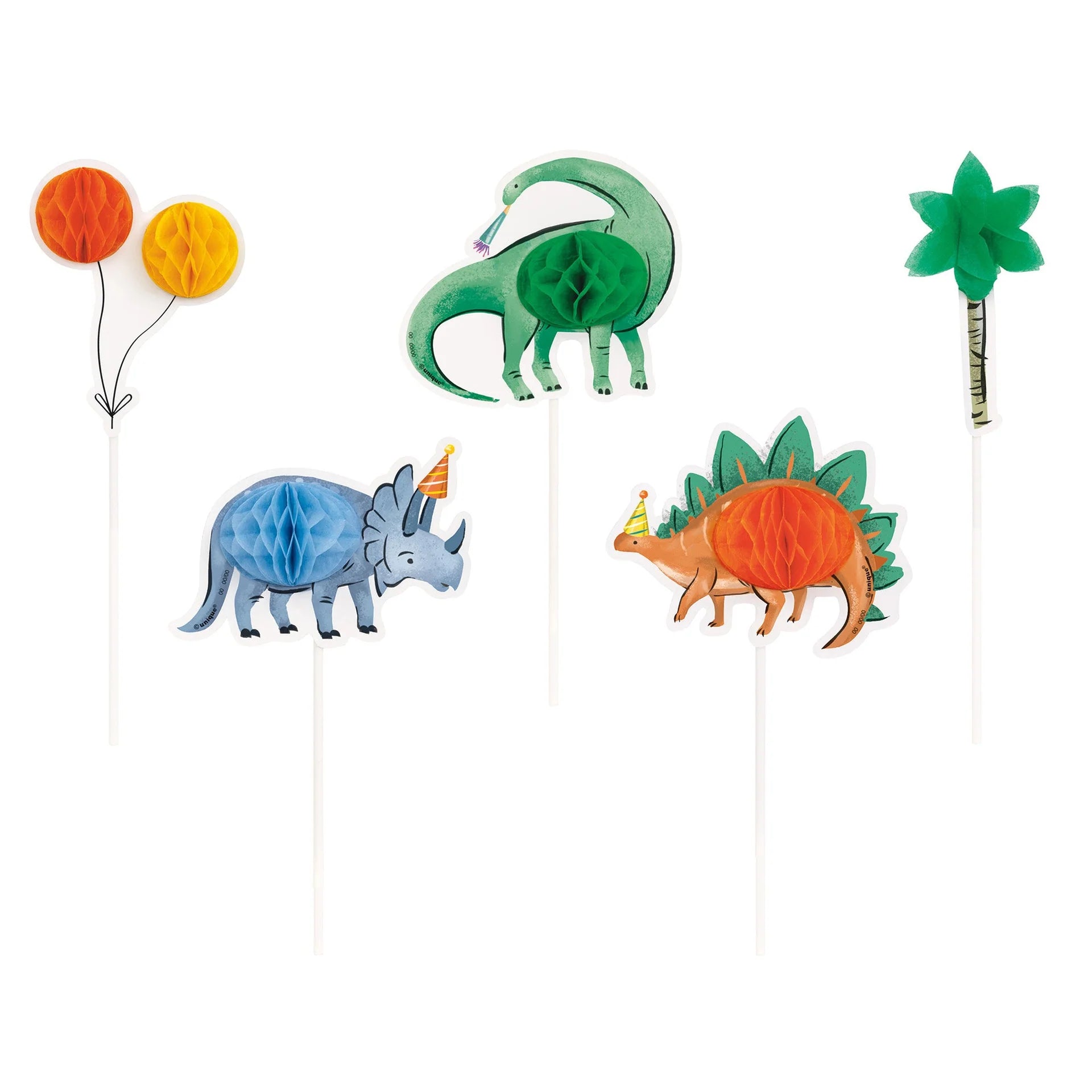 Partying Dinosaurs Birthday Honeycomb Cake Topper Kit 5pcs