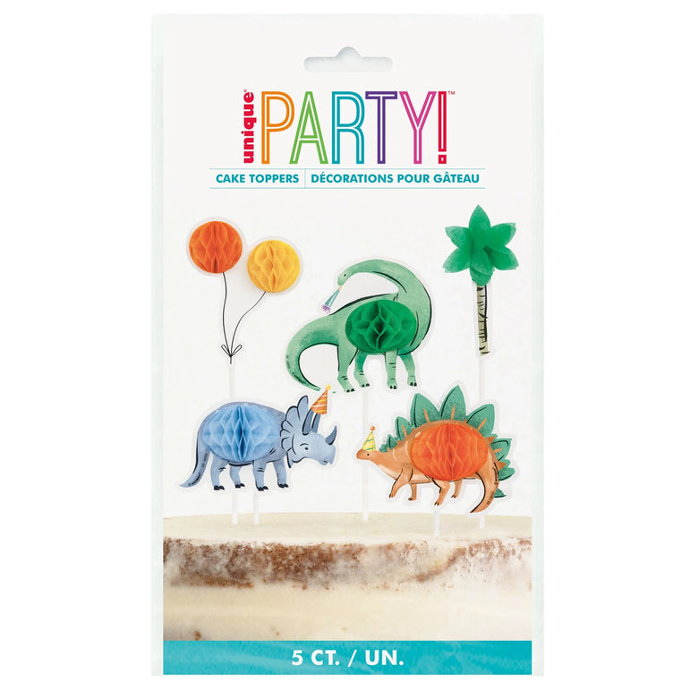 Partying Dinosaurs Birthday Honeycomb Cake Topper Kit 5pcs