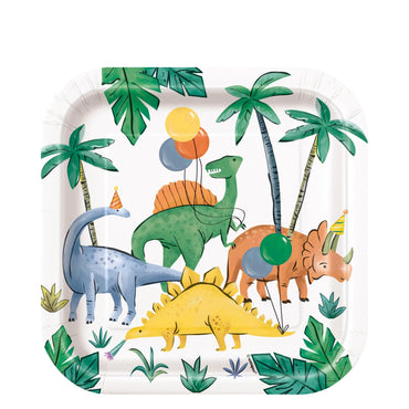 Partying Dinosaurs Birthday Square Plate 7in 8pcs