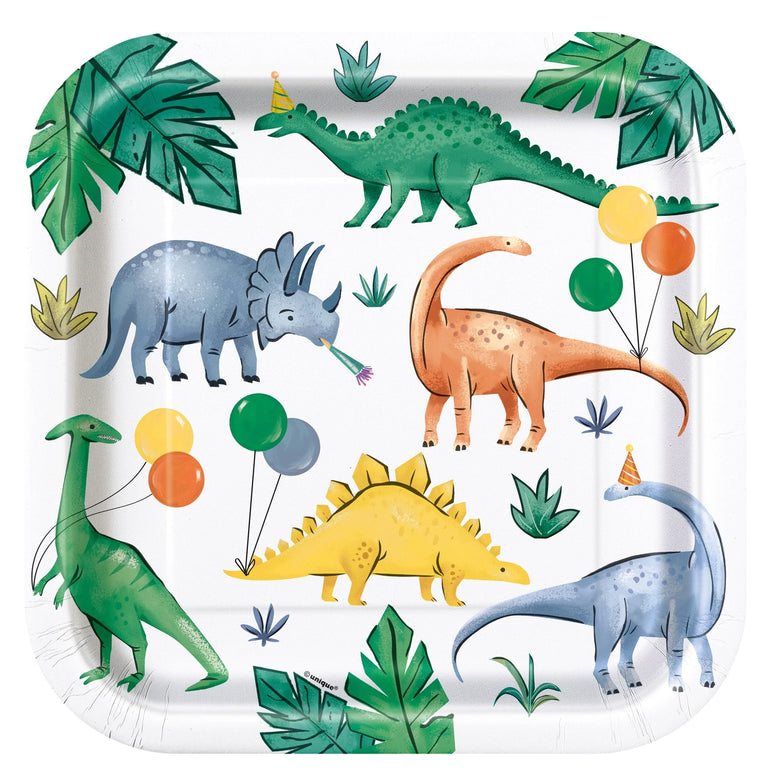 Partying Dinosaurs Birthday Square Plate 9in 8pcs