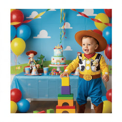 Child wearing a Woody costume from Toy Story on a white background