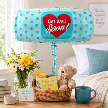 A round foil balloon with turquoise blue polka dots and a large red heart in the center that reads 'Get Well Soon!' in white script, floating above a bedside table. The table holds a wicker basket with a teddy bear, a yellow card, a mug, flowers, and a small sign, set in a softly lit bedroom.