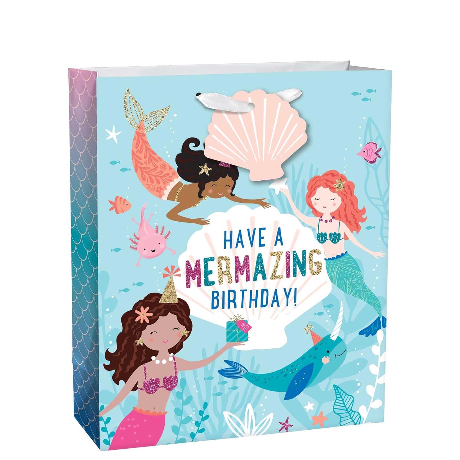 Mermaid Birthday Girl Glitter Large Paper Bag with Tag