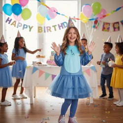 Child wearing a blue costume with animal ears on a white background