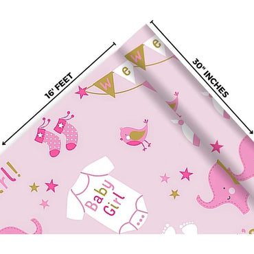 Baby Girl Elephant Jumbo Paper Gift Wrap 16ft x 30in