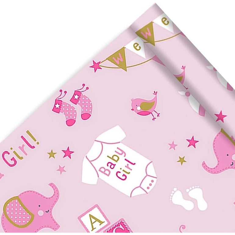Baby Girl Elephant Jumbo Paper Gift Wrap 16ft x 30in