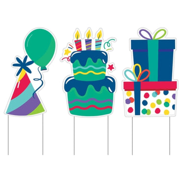 Birthday Icons Yard Signs Plastic & Metal 3pcs