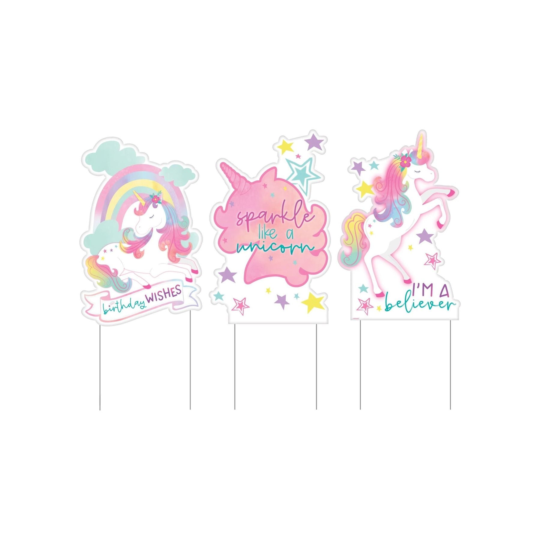 Enchanted Unicorn Birthday Yard Signs Plastic & Metal 3pcs