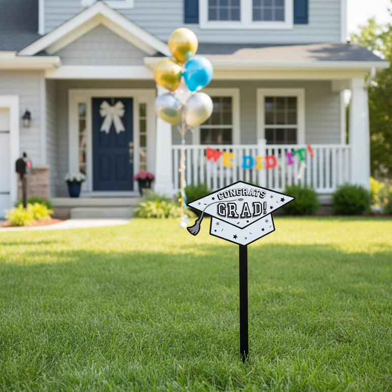 Frosty White Congrats Grad Plastic Lawn Sign Decoration 20 in