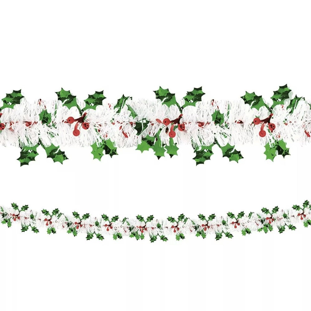 Holiday Tinsel Garland w/ Foil Holly and Berry 18ft