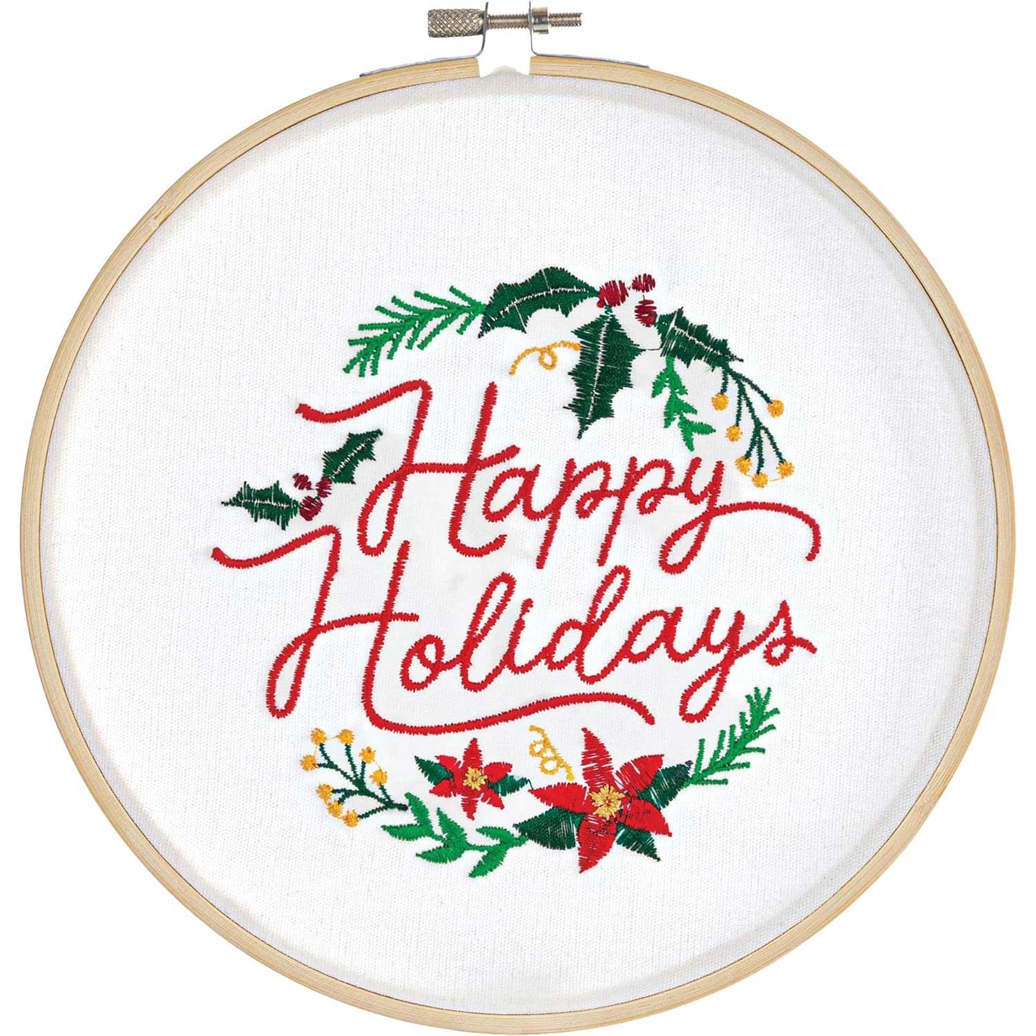 Happy Holidays Embroided Bamboo & Fabric Hoop Sign 7in