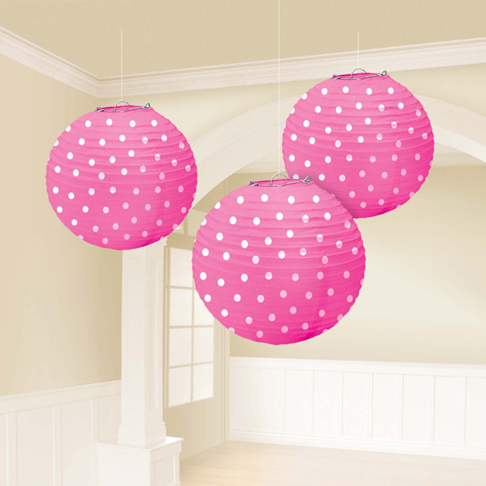 Bright Pink Dots Printed Lanterns 3pcs