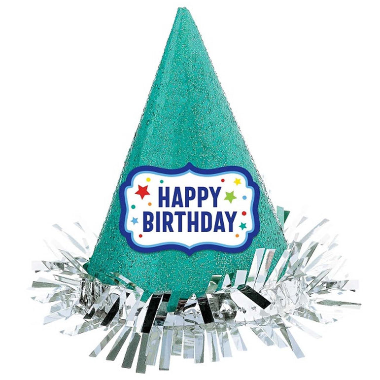 Primary Birthday Mini Cone Hat with Glitter 4in