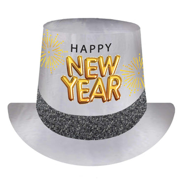Happy New Year Glittered Top Hat Black, Silver & Gold