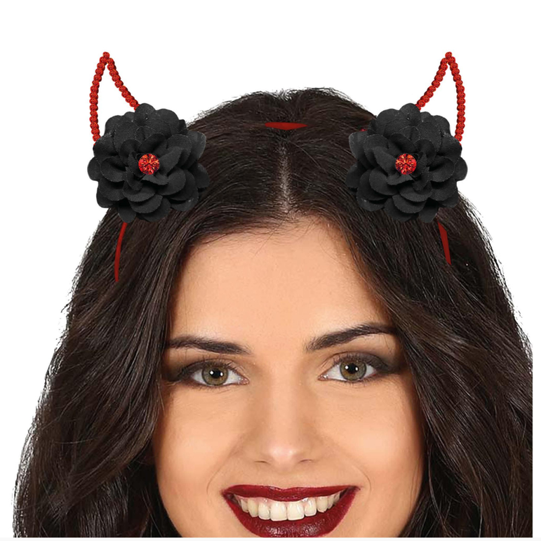 Adult Devil Horns Metallic Headband With Flowers