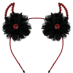 Adult Devil Horns Metallic Headband With Flowers
