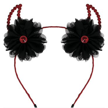 Adult Devil Horns Metallic Headband With Flowers