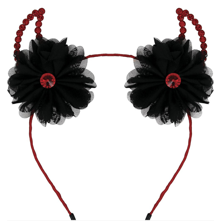 Adult Devil Horns Metallic Headband With Flowers