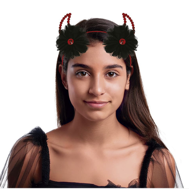 Adult Devil Horns Metallic Headband With Flowers