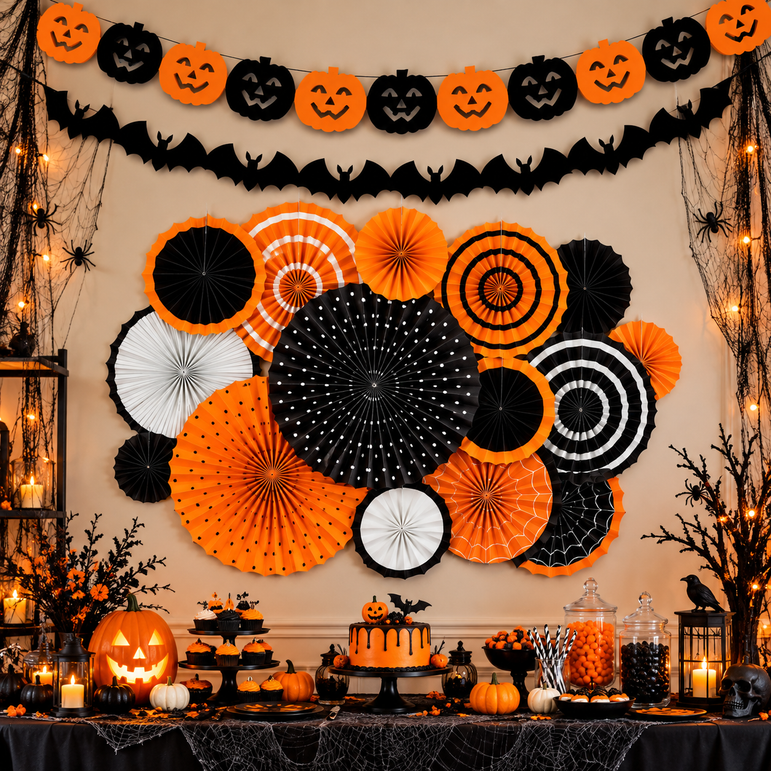 Orange Black Halloween Paper Fan Decorating Kit