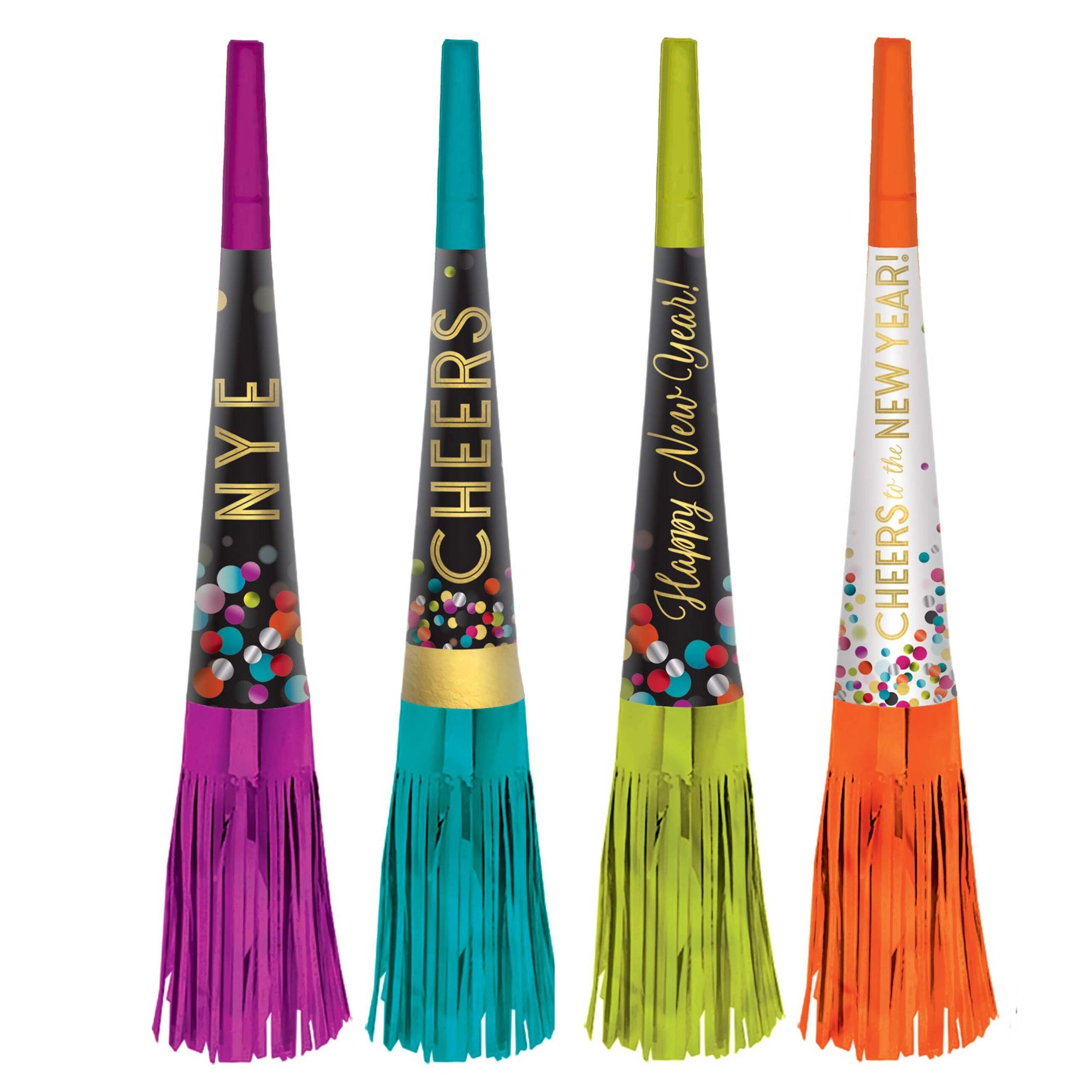 New Year's Horn with Foil Fringe Multi Color 10.50in 8pcs